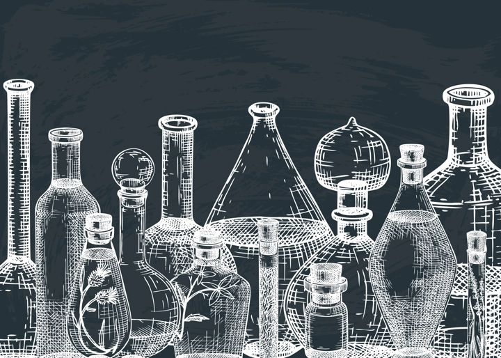 Hand-sketched glass equipment for perfumery and cosmetics making on chalkboard. Chemicals and alchemy glassware background. Perfume bottles, jars, flasks design in engraved style. Vintage drawing